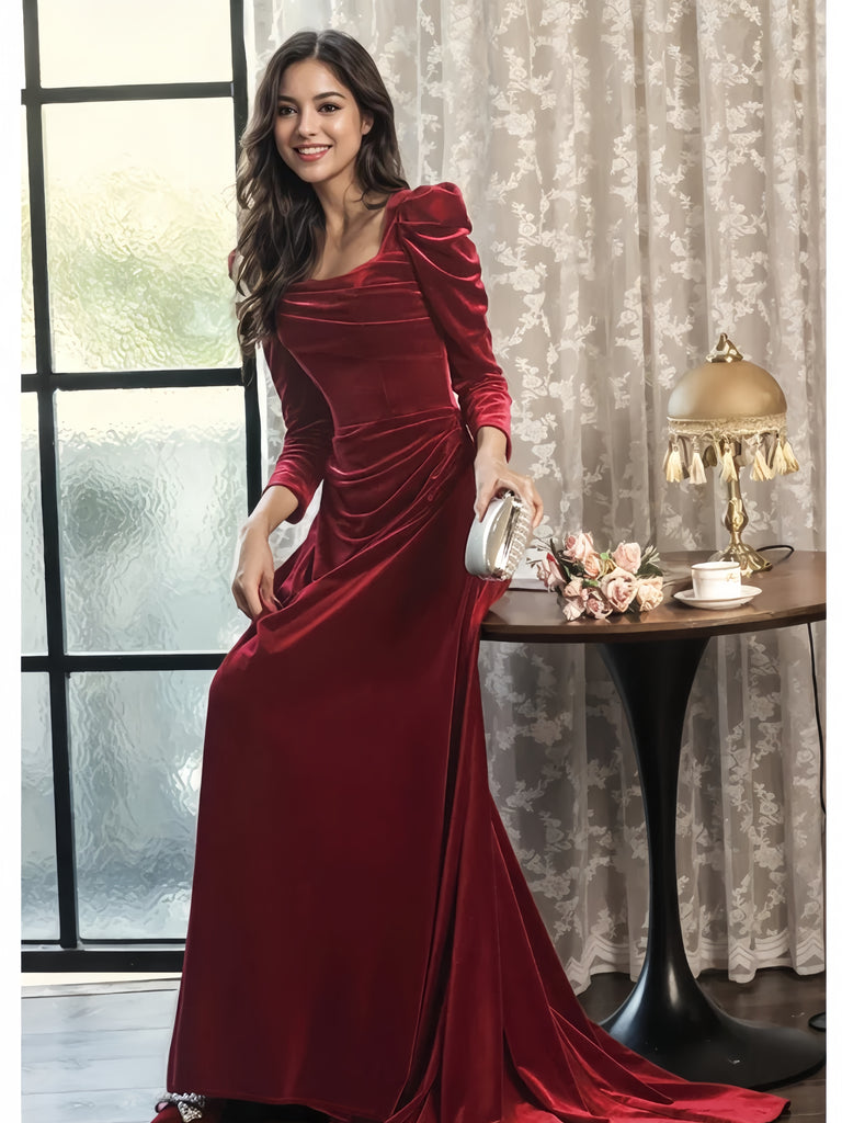 Velvet Square Burgundy Long Sleeve Prom Dress Sassymyprom Velvet Square Burgundy Long Sleeve Prom Dress Sassymyprom