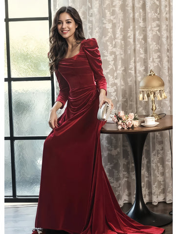 Velvet Square Burgundy Long Sleeve Prom Dress