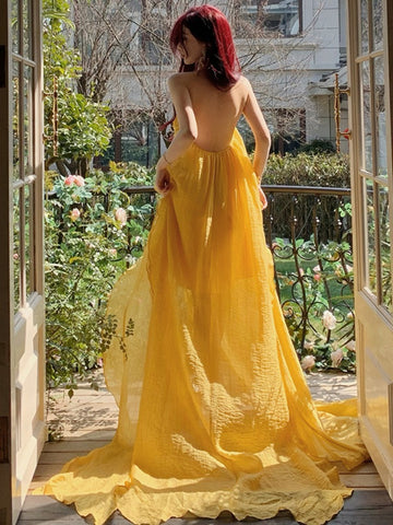 Yellow Strapless Ruffled Layers Maxi Dress