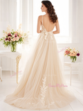 Tulle Spaghetti Straps A Line Champagne Appliques Wedding Dress