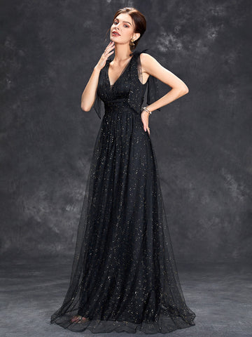 Tulle Sequin Black V Neck A Line Prom Dress