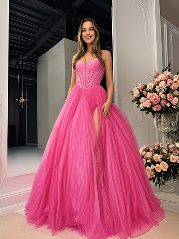 Hot Pink Tulle A Line Sweetheart Prom Dress With Slit