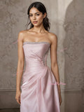 Mermaid Ruched Strapless Beading Pink Prom Dress