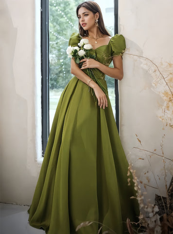 Green Puffy Sleeve Sweetheart Satin A Line Prom Dress