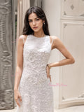 Lace A Line Backless Jewel Neck Flowers Wedding Dress