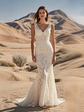 Lace Backless V Neck Trumpet Mermaid Wedding Dress