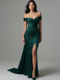 Trumpet Mermaid Off The Shoulder Dark Green Satin Prom Dress