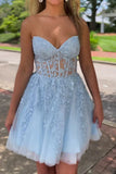 Light Blue Lace Strapless Short Mini Homecoming Dress