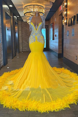 V Neck Yellow Feather Trumpet Mermaid Prom Dress