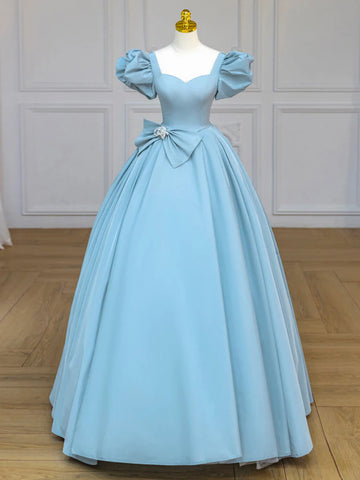 Satin Light Blue Cinderella Prom Dress With Bow