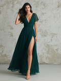 A Line Green Chiffon Cap Sleeve V Neck Bridesmaid Dress