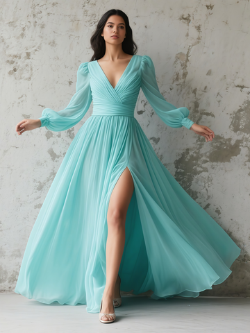 Long Sleeve A Line V Neck Chiffon Bridesmaid Dress With Slit