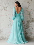 Long Sleeve A Line V Neck Chiffon Bridesmaid Dress With Slit