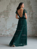 A Line Green Chiffon Cap Sleeve V Neck Bridesmaid Dress