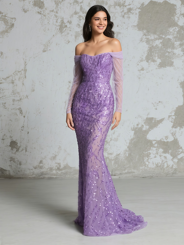 Off The Shoulder Long Sleeve Purple Sequin Prom Dress