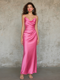 Sheath Coumn Satin Pink Spaghetti Straps Prom Dress