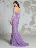 Off The Shoulder Long Sleeve Purple Sequin Prom Dress