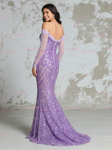 Off The Shoulder Long Sleeve Purple Sequin Prom Dress Sassymyprom Off The Shoulder Long Sleeve Purple Sequin Prom Dress Sassymyprom
