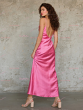 Sheath Coumn Satin Pink Spaghetti Straps Prom Dress