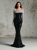Black Sequin Long Sleeve Off The Shoulder Prom Dress