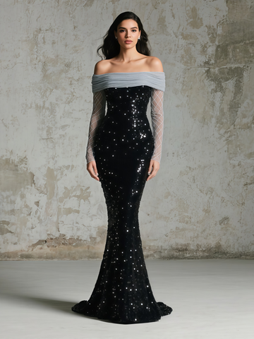 Black Sequin Long Sleeve Off The Shoulder Prom Dress
