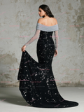 Black Sequin Long Sleeve Off The Shoulder Prom Dress