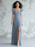 Ruffles Sleeves Sheath Column Gray Blue Prom Dress With Slit