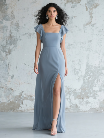 Ruffles Sleeves Sheath Column Gray Blue Prom Dress With Slit