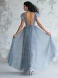 Ruffles Sleeves Sheath Column Gray Blue Prom Dress With Slit