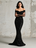 Off The Shoulder Long Sleeve Trumpet Mermaid Black Prom Dress
