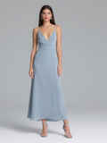 Blue Spaghetti Straps Tea Length Chiffon Prom Dress