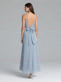 Blue Spaghetti Straps Tea Length Chiffon Prom Dress