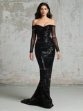 Off The Shoulder Long Sleeve Trumpet Mermaid Black Prom Dress