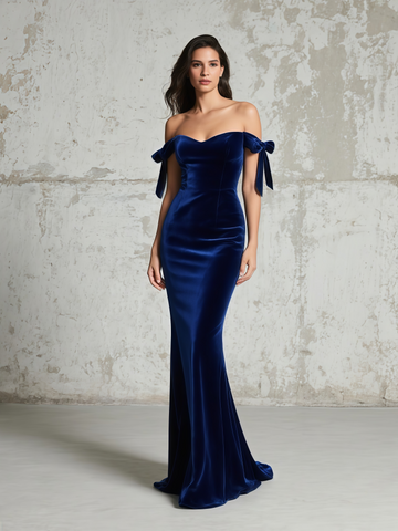 Trumpet Mermaid Navy Tie Shoulder Velvet Prom Dress