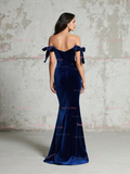 Trumpet Mermaid Navy Tie Shoulder Velvet Prom Dress