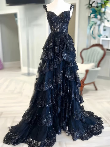 Navy Blue Lace Layered A Line  Prom Dress