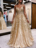 A Line V Neck Gold Lace Floral Long Prom Dress