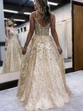 A Line V Neck Gold Lace Floral Long Prom Dress