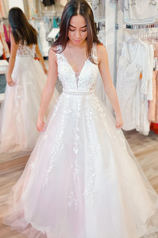White Lace Beading A Line V Neck Wedding Dress