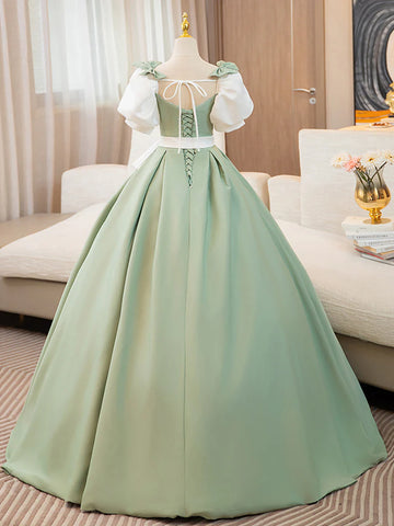 White and Green Satin Long Prom Dress, A-Line Short Sleeve Evening Party Dress US 2 / White and Green White and Green Satin Long Prom Dress, A-Line Short Sleeve Evening Party Dress US 2 / White and Green