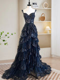 Sequin Blue Ruffles A-Line Tulle Prom Dress