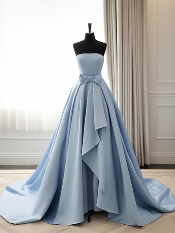 Celestial Blue Strapless Prom Dress with Bow