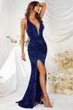 Backless Royal Blue Sequin Long Prom Dress with Slit