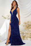 Backless Royal Blue Sequin Long Prom Dress with Slit