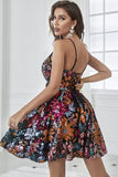 Floral Spaghetti Straps  Black Short Prom Dress