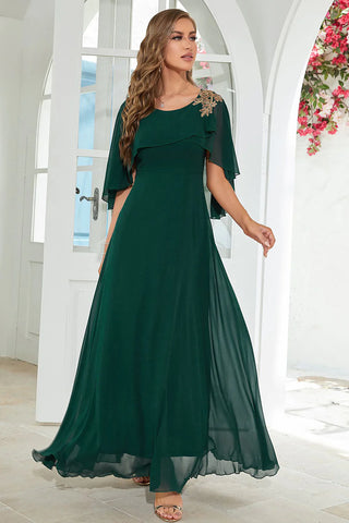 2023 Short Sleeve Appliques Chiffon Long Party Dress