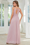 Pink Halter Loose Chiffon Bridesmaid Dress