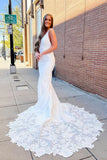 White Satin V-Neck Appliques Mermaid Wedding Dress