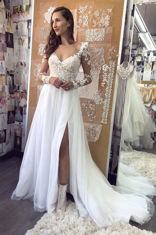 White V Neck Lace Long Sleeves Wedding Dress With Slit