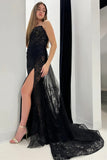 Strapless Black Lace Long Prom Dress with Train